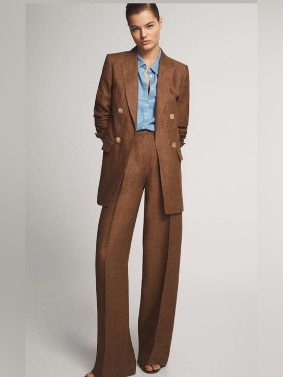 Massimo Dutti Pants - Massimo Dutti Brown linen Blazer and Wide-Leg Trousers